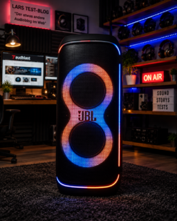 JBL PartyBox 720 im dunklen Audio-Blogroom mit beleuchteter Front