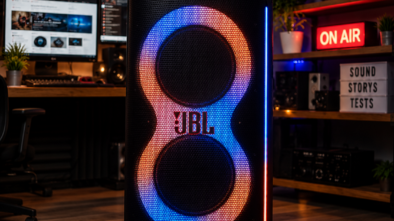 JBL PartyBox 720 im dunklen Audio-Blogroom mit beleuchteter Front